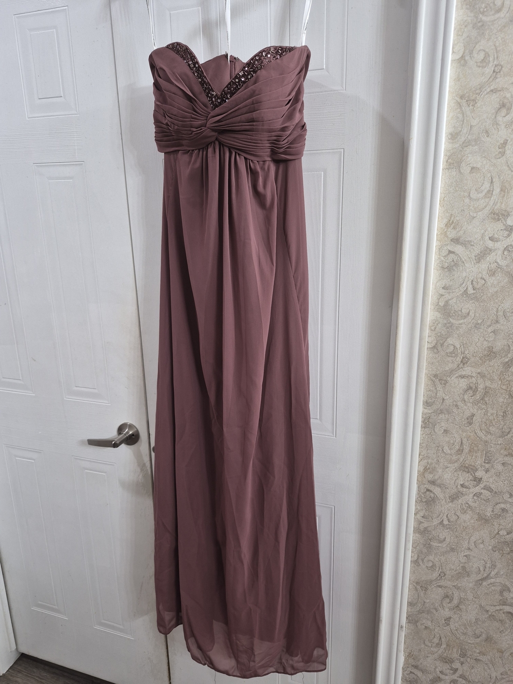 David's Bridal Strapless Dusty Mauve Chiffon Gown with Beaded Accent